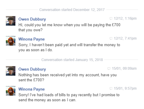 Facebook messages chasing up a debt